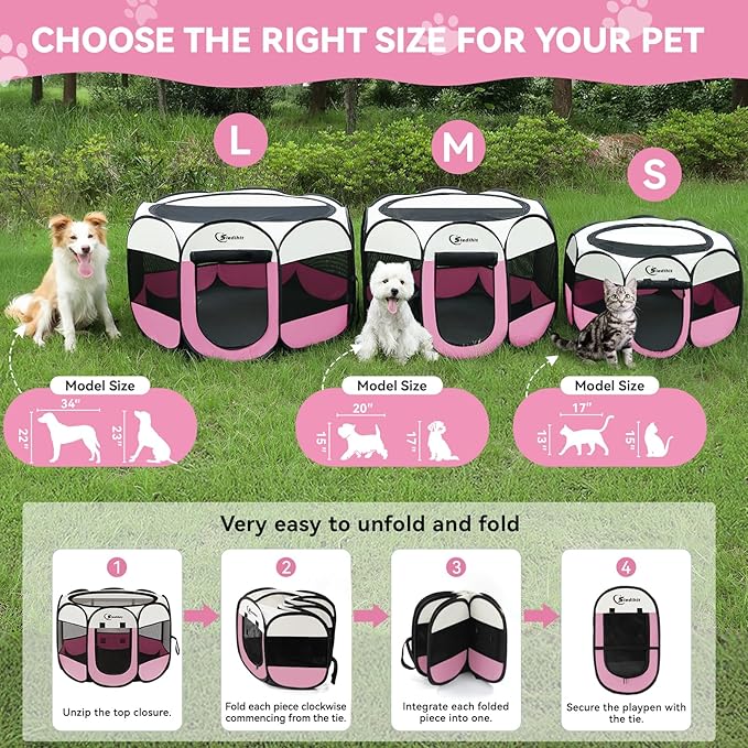 Siedihit Pink Puppy Playpen for Middle Dog Cat, Dog Tent Crates Cage Indoor/Outdoor, Portable Pop Up Dog Kennel with Carrying Bag for Rabbits, (Pink, Medium)