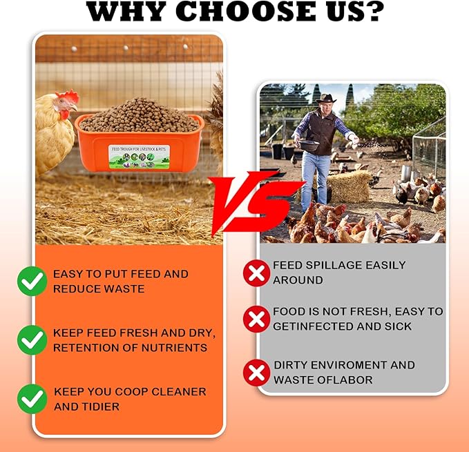 3 Pack Chicken Feeder, Duck Feeder Supplies, Hanging Fence Feed Trough with Clips for Goat, Sheeple, Piglet, Gooses, Turkeys, Dog Livestock Poultry, 8 Quarts in Total, Feed Scoop Included, Orange