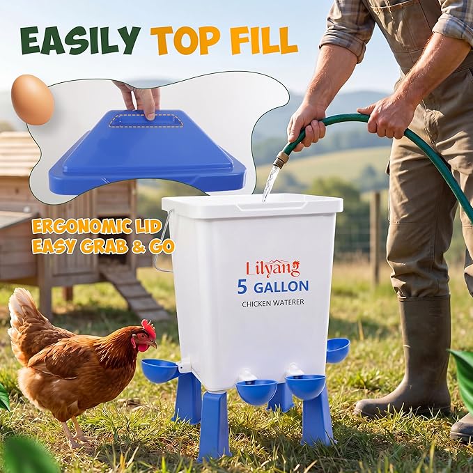 Lilyang Large Chicken Feeder and Waterer Set 5 Gallon, Automatic No-Waste Feeder, Elevated Water Dispenser with Legs, Anti-Spill Ports & Leak-Proof Cups, Feed Chickens & Ducks