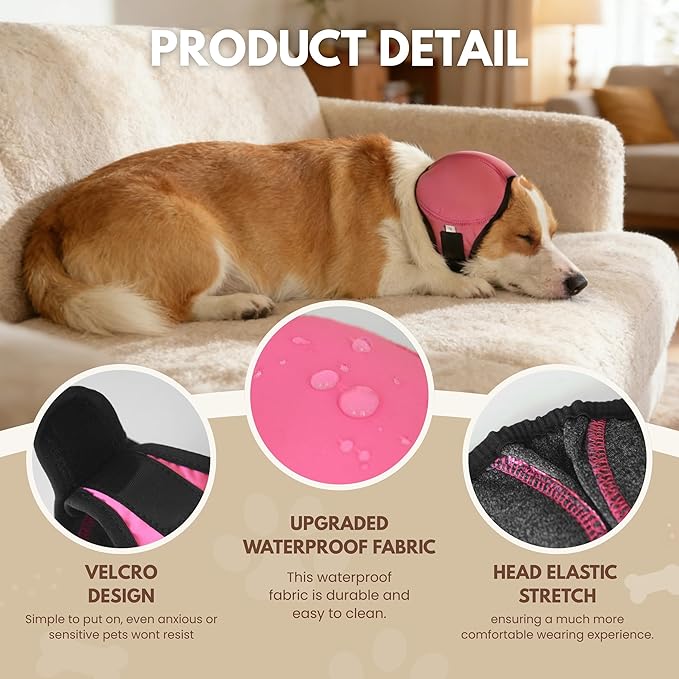 Waterproof Dog Ear Covers,No Flap Ear Wraps for Dogs,Dog Ear Muffs for Noise Protection & Anxiety Relief,Adjustable Dog Calming Hoodie Shower Cap for Bathing Grooming(Fuchsia,L)