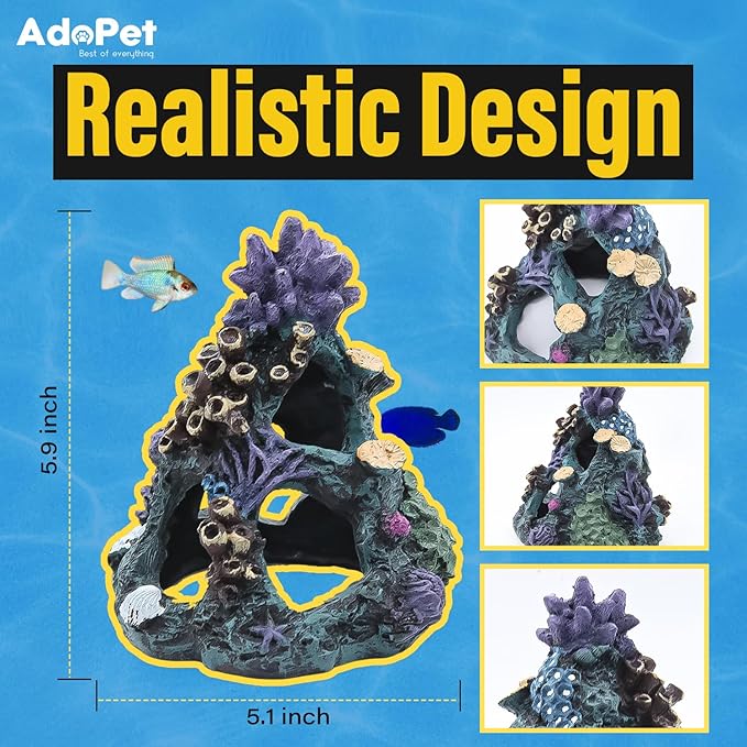 Coral Reef Aquarium Decoration 5.9" – Colorful Resin Fish Tank Ornament with Multiple Hiding Spots, Safe Shelter for Small and Medium Aquariums, Stress-Relief Underwater Decor, Easy to Clean