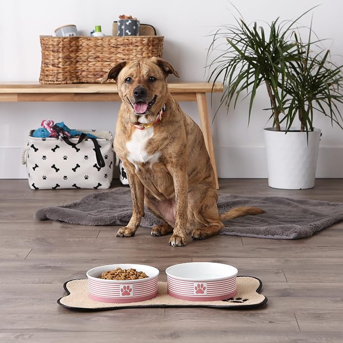 Bone Dry Ceramic Stripe Paw Pet Bowls Collection, Dishwasher Safe, Large, 7.5x2.4, Rose, 2 Count