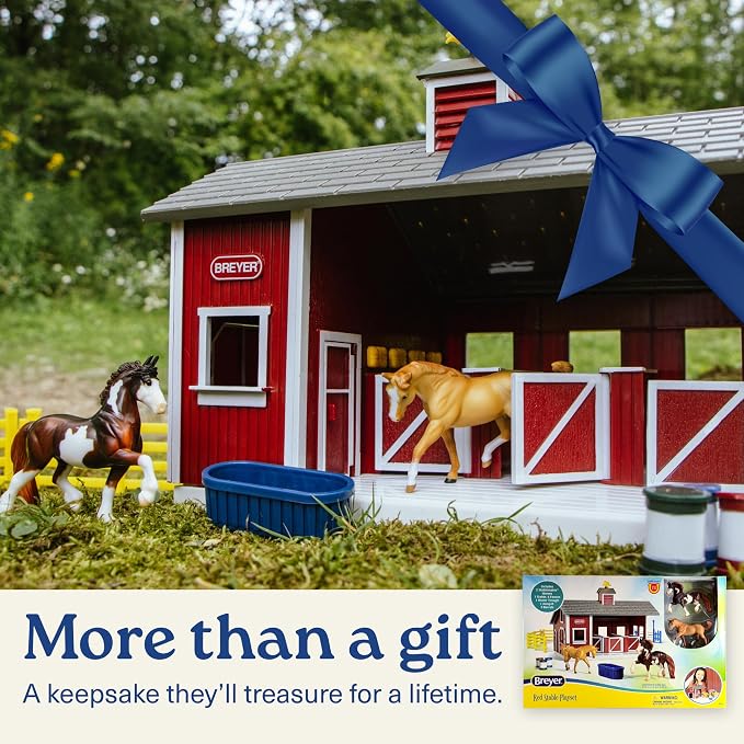Breyer Stablemates Red Stable Set with Two Horse Figurines - Premium Horse Barn Toy for Kids - Educational Collectible Equestrian Gift for Kids - Imaginative Play Set