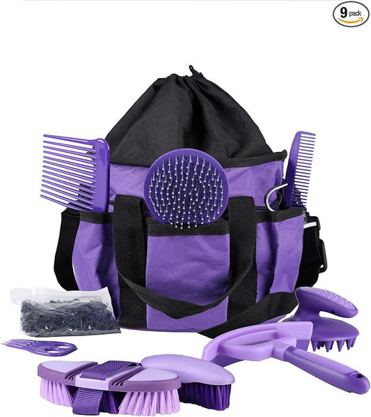 Harrison Howard Horse Grooming Kit 9 Piece with Tote Bag, Non-Slip Horse Brush Set for Shedding, Bathing, Hoof Care, Mane & Tail Grooming, Equine Grooming Supplies Purple
