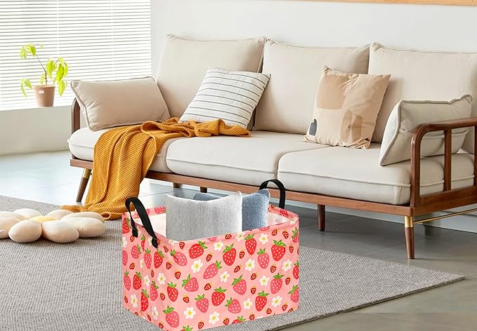 Kid Storage Basket Gift Shelf Basket Toy Storage Bin, Nursery Basket Organizer Box for Children Room Deco With Handles (Strawberry)