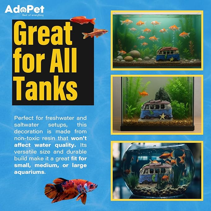 Old Bus Aquarium Decoration 4.7"" – Vintage Resin Fish Tank Ornament with Multiple Hiding Spots, Fish Shelter for Small and Medium Aquariums, Stress-Relief Underwater Decor, Easy to Clean