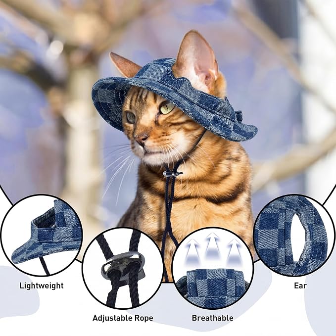 QBLEEV Cat Hats for Cats Only, Sphynx Hat with Ear Hole, Summer Cowboy Hats | Breathable kitten headwear mini sun sombrero caps, pet chihuahua sunscreen baseball outdoor climbing cap for birthday party