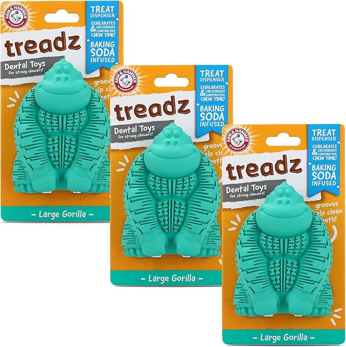 Arm and Hammer for Pets Super Treadz Gorilla Dental Chew Toy for Dogs - Reduces Plaque and Tartar Without Brushing, Baking Soda Infused, Dishwasher Safe, Dogs Up to 35 Lbs - 3 Pack