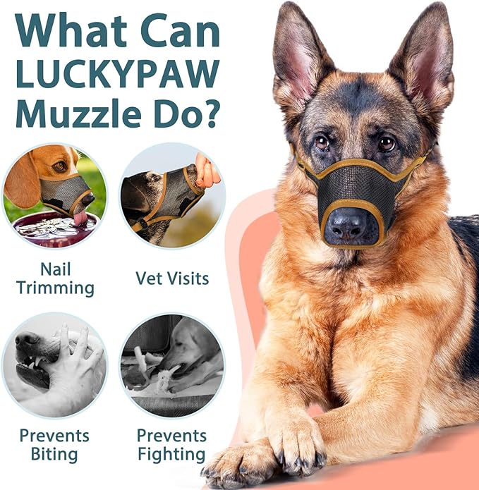 LUCKYPAW Dog Muzzle, Mesh Muzzle for Large Medium Small Dogs, Soft Mouth Guard for Biting Chewing, Breathable Mouth Guard with Adjustable Strap for Training(Brown, S(Snout:7.75"-8.75"))
