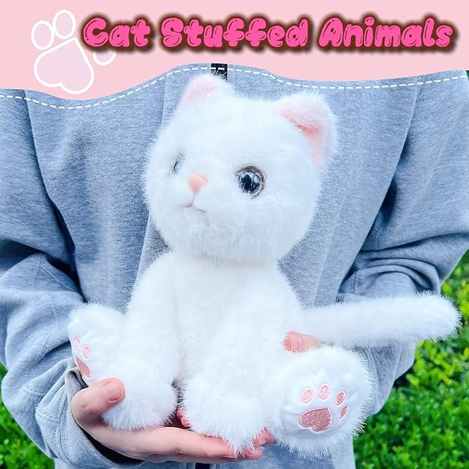 10" White Cat Stuffed Animal Plush Toys for Girls and Boys, Cute Plushies, Realistic Cat Stuffed Animals Plush Toy for Kids, Easter Basket Stuffers, Birthday Surprise Gifts, Christmas Decor