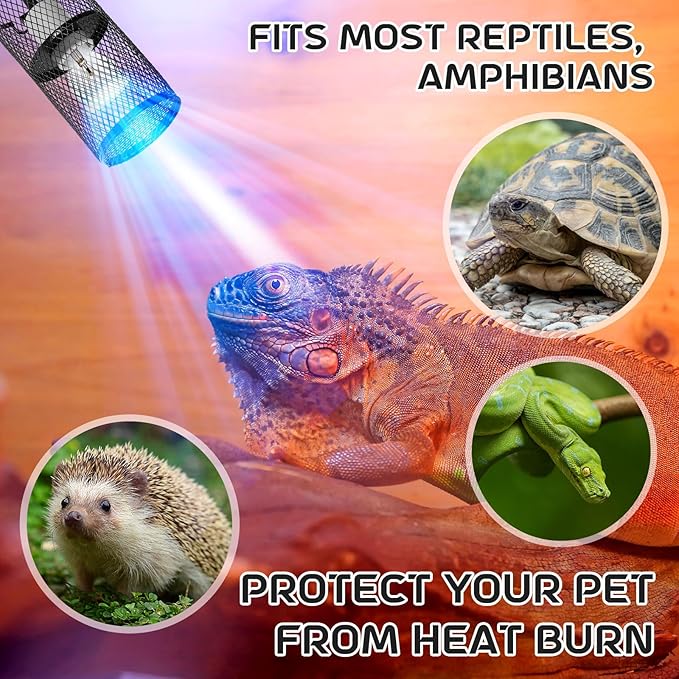 VIHOSE 4 Pcs Reptile Heat Lamp Guard with 150W Ceramic Heat Emitter Basking Anti Scald Heating Lamp Holder Mesh Cage Reptile Protection Lampshades for Lizard Snake Chick
