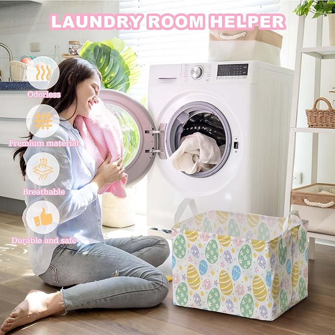 Eggs Rabbit Easter Basket, Colorful Eggs Baby Gift Basket, Empty Toy Nursery Bin, Large Square Canvas Laundry Hamper With a Waterproof PE Coating, Foldable Girls Toy Clothes Bins for Bedroom