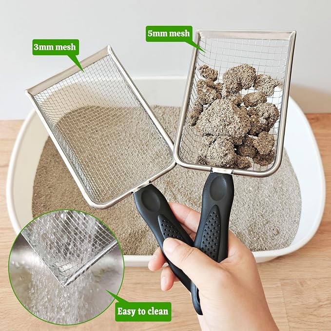 2Pcs Cat Litter Scoop Metal Stainless Steel Mesh Kitty Litter Scoop with Hook, Cat Scooper for Litter Box, Filter Small Pieces Quickly, Easy to Clean and Durable (3mm/5mm Mesh)