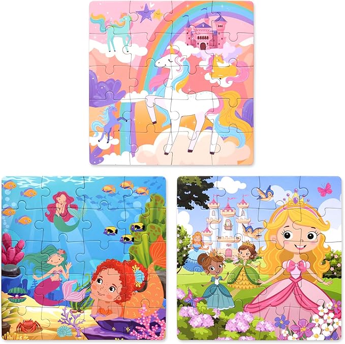 Magnetic Puzzles for Kids 3-5, 3-in-1 Princess Unicorn Mermaid Travel Puzzles for Kids Ages 4-6, Car Airplane Road Trip Activities Toys, Gifts for Girls
