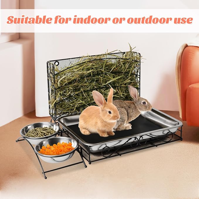 3 in 1 Rabbit Hay Feeder with Litter Box and Rabbit Feeder for Cages, Automatic Guinea Pig Hay Feeder with Metal Hay Rack, Bunny Litter Box, Stainless Steel Small Animal Feeding Bowl