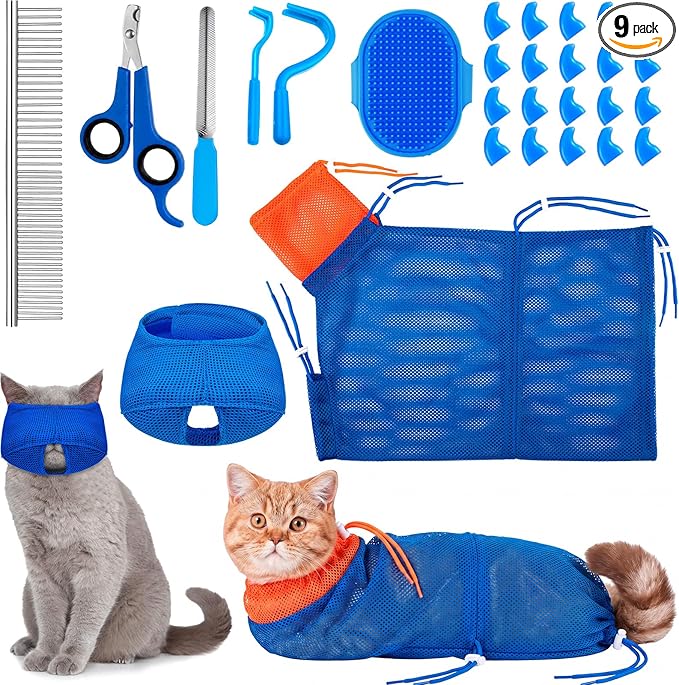 9 Pcs Cat Bathing Bag Set Cat Shower Bag Anti Bite and Scratch for Pet Grooming Washing Brush Comb Muzzle Nail Clipper Nail File Tick Tool (Navy Blue)