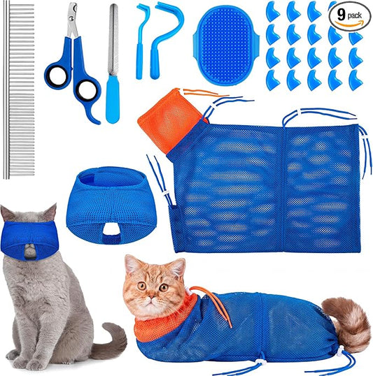 9 Pcs Cat Bathing Bag Set Cat Shower Bag Anti Bite and Scratch for Pet Grooming Washing Brush Comb Muzzle Nail Clipper Nail File Tick Tool (Navy Blue)