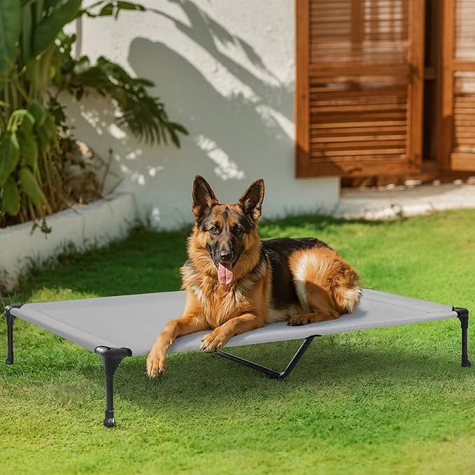 Veehoo Outdoor Elevated Dog Bed Large Sized Dogs, XL Cooling Raised Dog Cots Beds Training Platform Off Ground Hammock with Breathable Mesh, No-Slip Feet, 49"x33", Grey