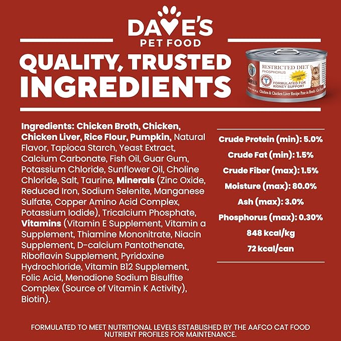 Dave's Pet Food Kidney Support for Cats (Chicken & Chicken Liver in Broth) - Low Phosphorus & Low Protein Wet Cat Food for Renal Health - No Prescription Needed - 3 oz (Case of 12)
