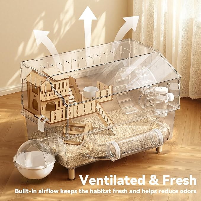 9 in 1 Acrylic Hamster Cage, Clear Dwarf Hamster Cage, with Tubes and All Accessories, 2-Tier Mouse Habitat, Easy to Clean, Suitable for Small Pets (Transparent)