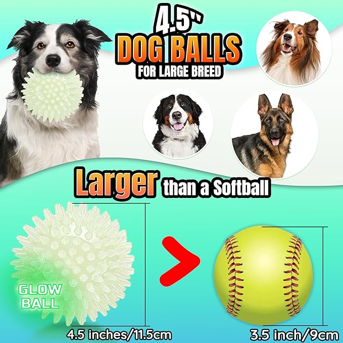 LECHONG 4-Pack Glow in The Dark Squeaky Dog Balls, 4.5” Large Spiky Dog Toy Balls, Durable Glowing Rubber Fetching Ball for Medium & Large Dogs Nighttime Playing Indoors & Outdoors