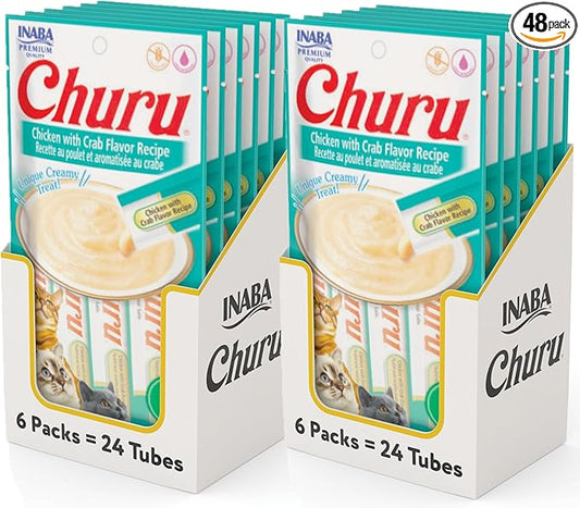 INABA Churu Cat Treats, Grain-Free, Lickable, Squeezable Creamy Purée Cat Treat/Topper with Vitamin E & Taurine, 0.5 Ounces Each Tube, 48 Tubes (4 per Pack), Chicken with Crab Recipe