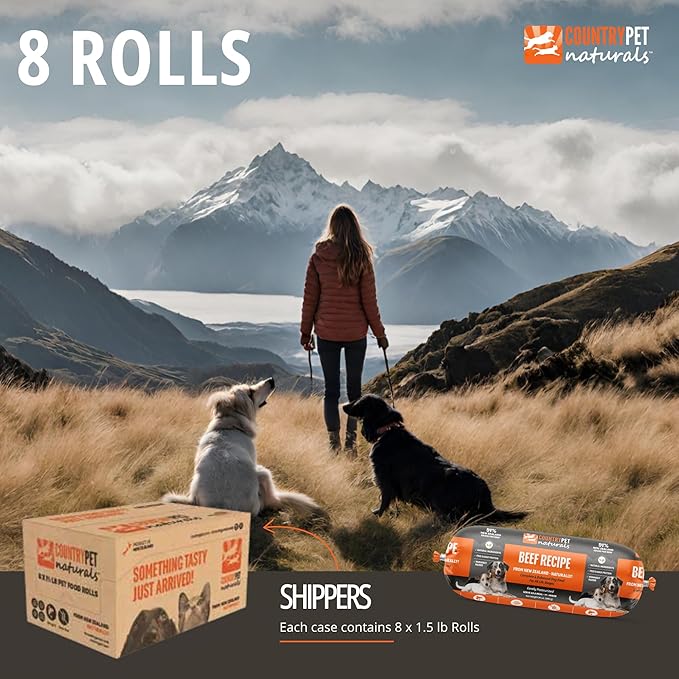 New Zealand Beef Frozen Fresh Dog Food, High-Protein 91% Grass-Fed Free-Range Meat, Gently Cooked, Grain-Free, Omega-3s, 8 Rolls (12 lb Case)