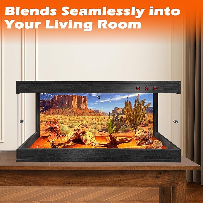 ROYXEN Reptile Tank, 64 Gallons Reptile Enclosure with Lockable Design, Tempered Glass Bearded Dragon Tank for Lizard Habitat, Soild Wood Built-in Sockets (Black, 39.5"x19.5"x19.5")