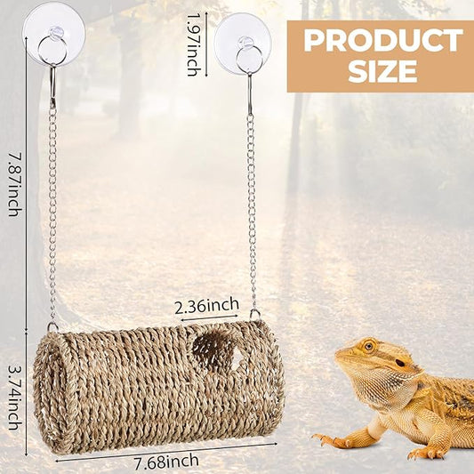 CroBlissful Reptile Hide Cave Hollow Cave Hideout with 2 Pcs Suction Cup and Chain Gecko Hide Reptile Tank Decor Seagrass Fiber Climbing Toy for Lizard Snake Hermit Crab(Long Cylindrical,Pale Yellow)
