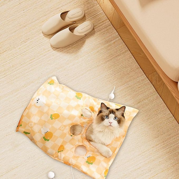 Andiker Cat Tunnel Bags for Indoor Cats, 13x17x12In Foldable Cat Crinkle Bag with 3 White Plush Balls and 1 Mouse 5 Holes for Kitten to Hide and Catch 3 Layers Cat Toy (Rabbit)