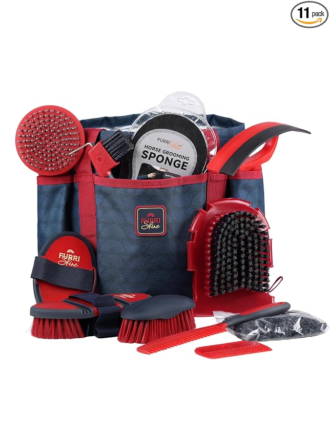 11-Piece Professional Horse Grooming Kit with Waterproof Tote Bag, Non-Slip Silicone Grip Brush Set, Curry Comb, Hoof Pick & Mane Comb Shadowberry