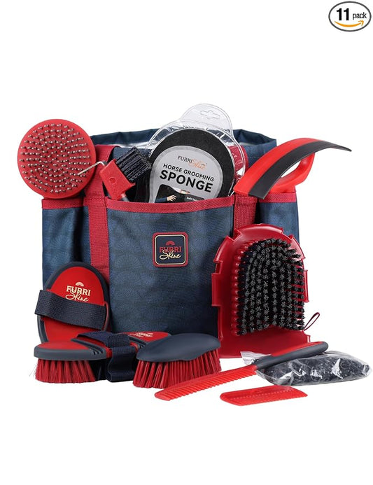 11-Piece Professional Horse Grooming Kit with Waterproof Tote Bag, Non-Slip Silicone Grip Brush Set, Curry Comb, Hoof Pick & Mane Comb Shadowberry