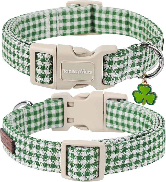 Lionet Paws St. Patrick Dog Collar, Comfortable Adjustable Green Collar with Green and White Grid Pattern for Medium Male Female Dogs Collars, Neck 13.5-22 inches