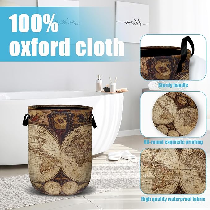 World Map Laundry Basket, Laundry Hamper Collapsible Oxford Cloth with Handle Clothes Storage Bin for Bathroom Laundry Room Bedroom 15.7 X 20 Inch