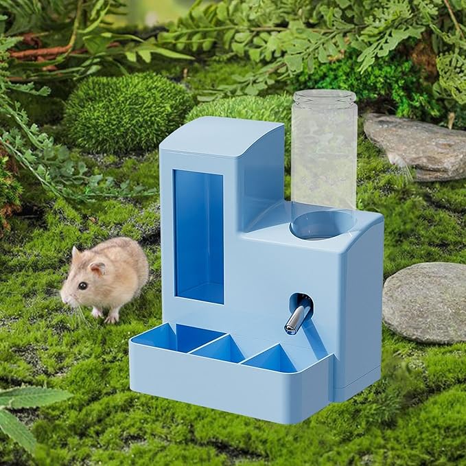 Gralara 3 in 1 Hamster Automatic Feeder Container Accessories Bowl Feeding Station Dispenser for Ferrets Patio Small Animal Terrace, Blue 120ml Bottle