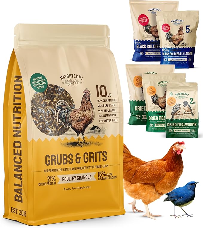 Hatortempt Grubs & Grits Chicken Feed Supplement - 10lb - with Chicken Grit, Mealworms, Black Fly Larvae and Oyster Shells - 21% Protein and 15% Calcium