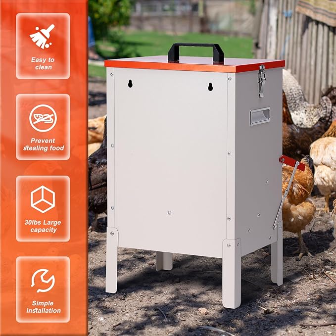 30lbs Automatic Chicken Feeder and Duck Feeder for Outside, Metal Chicken Feeders No Waste, Large Poultry Feeder for Chickens, Ducks, Geese, Pigeons, Dogs, Cats (Orange)