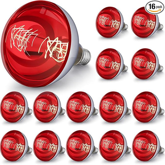 VIHOSE 16 Pack 250 Watt Heat Lamp 120v R40 Heat Lamp Bulbs Glass Incandescent Light Bulbs Incandescent Heating Lightbulbs for Reptiles Chicks Food Puppies Bathroom, Use E26 Base (Red)
