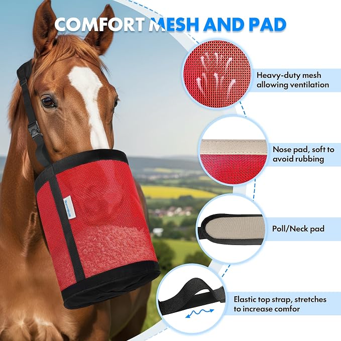 Horse Feed Bag Pack of 2 (Reinforced Bottom Edging), Feed Bags for Horses with Ventilation Mesh, Comfort Nose Pad Neck Pad, Adjustable Strap, Spill Proof Design for Feeding Grain, Supplements