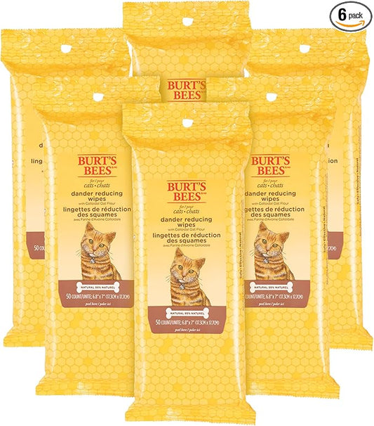 Burt's Bees for Pets Cat Dander Remover Wipes, Colloidal Oat Flour and Aloe to Soothe Dry Skin and Reduce Flaking, Unscented Grooming Cloths for Cats and Kittens, 50 Count - 6 Pack
