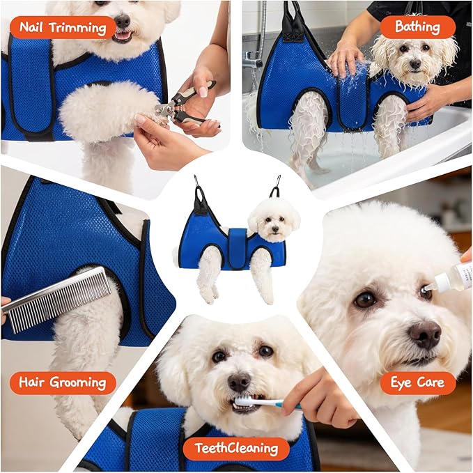 Dog Grooming Hammock Harness, Hanging Sling Restraint for Nail Clipping Small to Medium Dogs & Cats, with Nail Clipper and Comb Pet Grooming Hammock Kit-Medium
