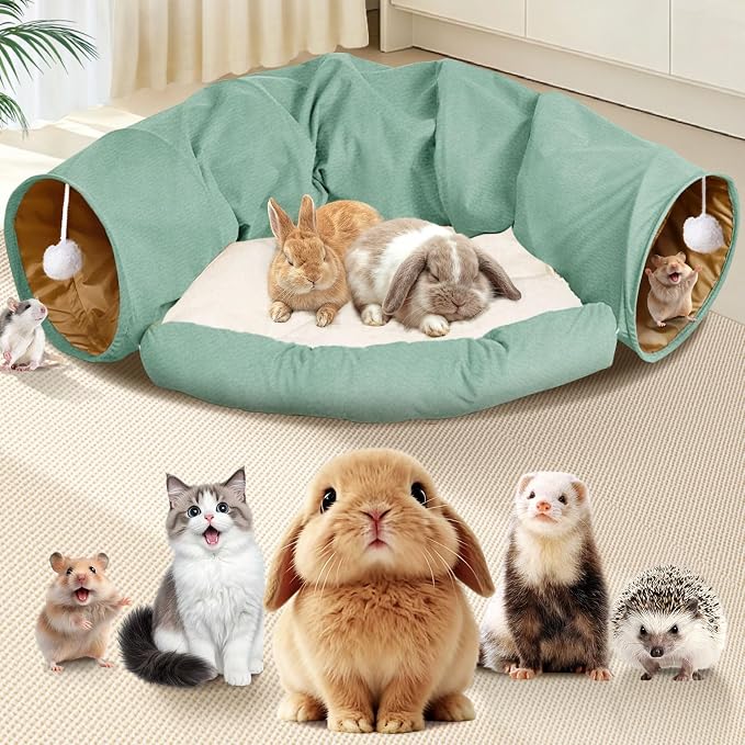 Spardar Bunny Tunnel Bed, 2-in-1 Collapsible Tunnel Tubes Toys, Washable, with Removable Mat Hideout, Interactive Toys for Rabbits Chinchilla Hedgehog Guinea Pigs Kitty, Matcha Green