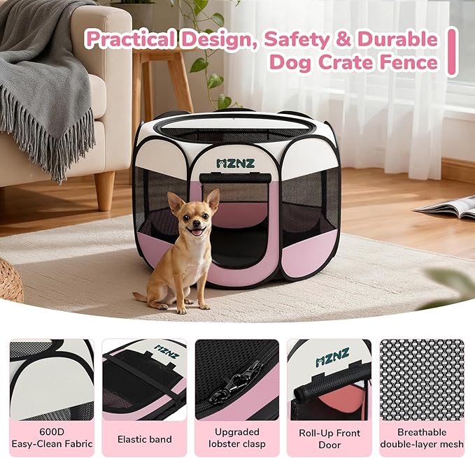 Dog Playpen, Portable Puppy Pet Crate Indoors for Small/Medium/Large Dogs Cats Rabbits, Foldable Dog Cage Enclosure for Outdoor, Pop Up Dogs Tent Kennel with Carrying Case, Pink