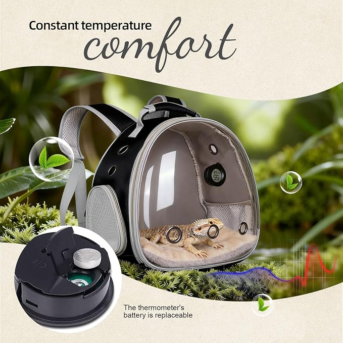 Bearded Dragon Travel Backpack Carrier with Reptile Thermometer and Humidity Gauge Lizard Travel Cage Space Capsule Clear Bubble Window Astronaut Reptile Bag for Ball Python (Black, Backpack)