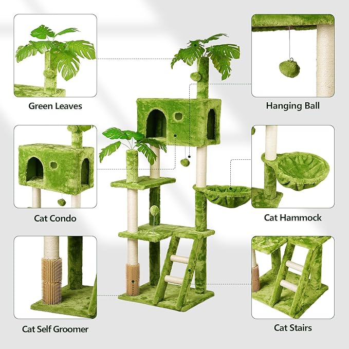 Meecal 65in Tall Cat Tree with Leaves for Indoor Cats, Green Cat Tower with Scratching Post,Hanging Hammock,Cozy Perch,Swing Ball,Self Groomer and Cat Ladder,Cat Tree Tower