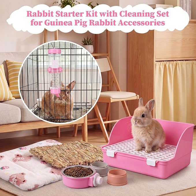 34 Pcs Rabbit Starter Kit Rabbit Litter Box Small Animal Water Bottle Cups Bunny Tunnels Animal Grooming Kit Bowl Blanket with Cleaning Set for Guinea Pig Bunny Accessories (Style 2,Pink)