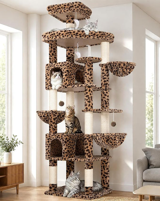 Globlazer Extra Large Leopard Cat Tree 82in Tall Heavy Duty Cat Tree for Indoor Cats Large Adult Big Cat Tower with 8 Scratching Posts, 2 Condos, 2 Padded Perches, 3 Baskets, S82, Leopard Print