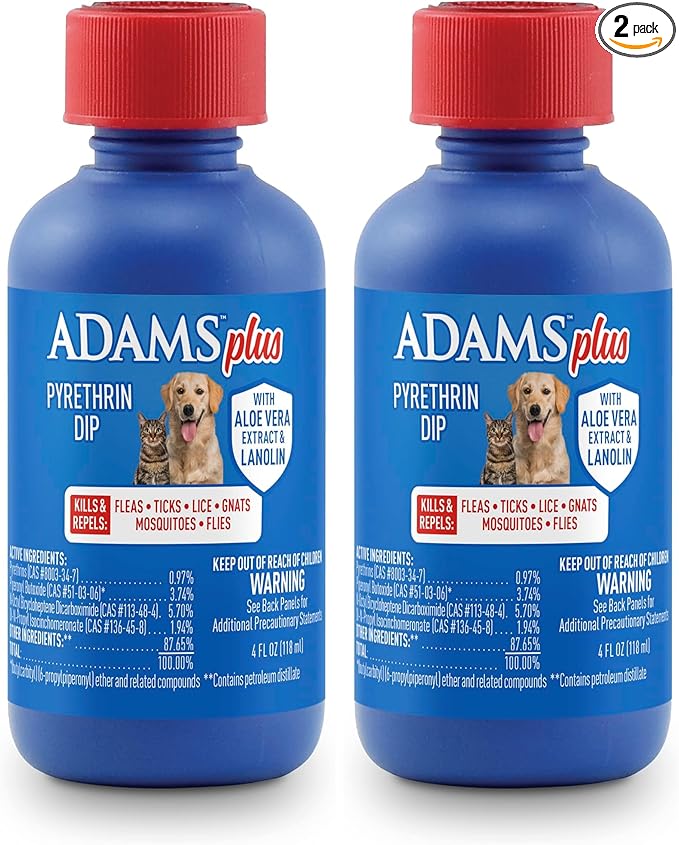 ADAMS Plus Pyrethrin Flea Dip for Dogs and Cats, Kills and Repels Fleas, Ticks, Lice, Gnats, Mosquitoes and Flies, for Dogs, Cats, Puppies, & Kittens, 4 Fl oz (Pack of 2)