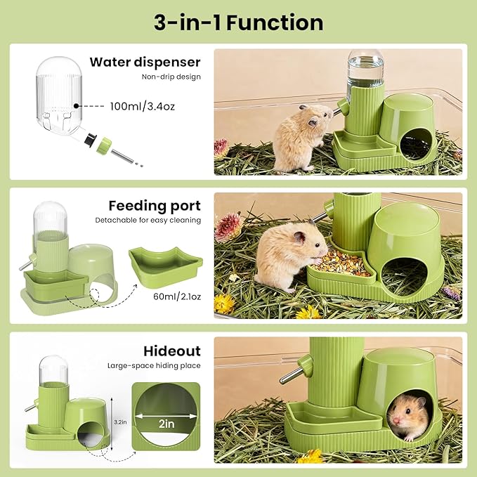 3 in 1 Hamster Water Bottle No Drip Automatic Water Dispenser with Food Bowl Container & Hideout Base Hut for Dwarf Hamster Mouse Rat Gerbils Mice Cage Accessories (Pink)