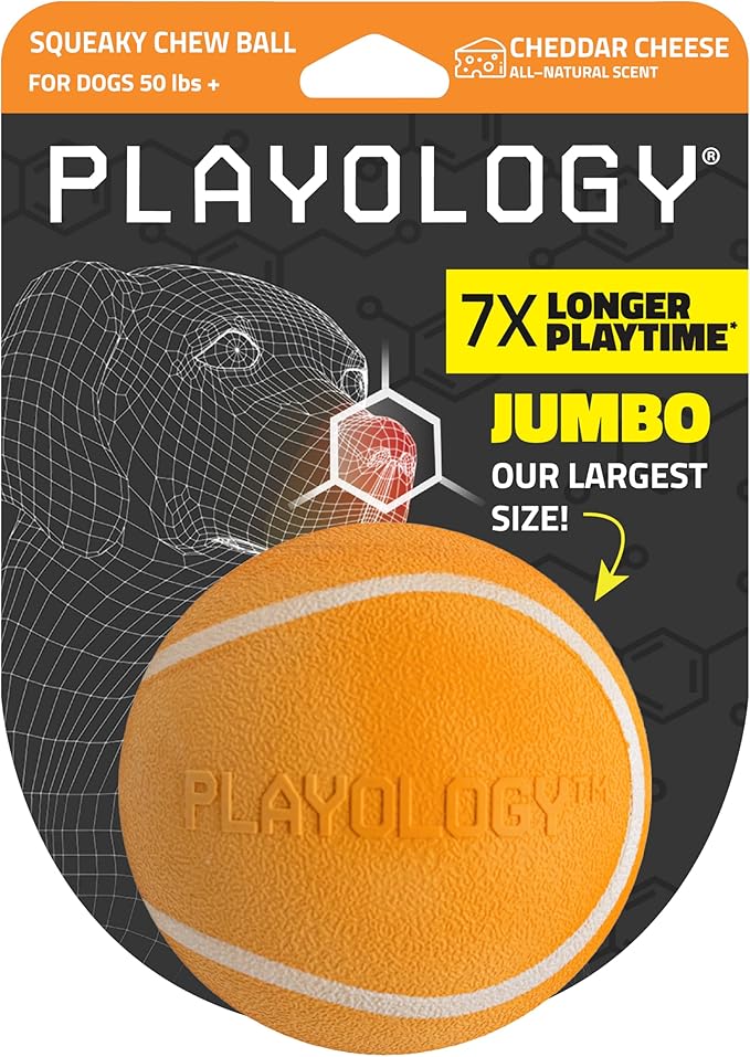 Playology Dog Toys | Squeaky Chew Ball for Large Dogs | Cheddar Cheese Scented Jumbo Dog Ball | Bouncy Floating Chew Toys for Fetch